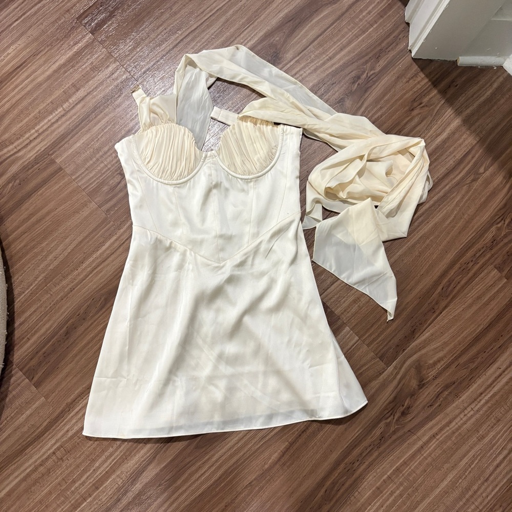 Oh Polly Cream Satin Bustier Slip Dress with Sheer Scarf